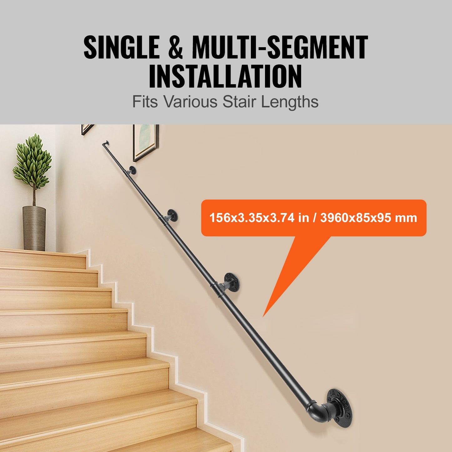 Pipe Stair Handrail, 3.96m Staircase Handrail, 200KG Load Capacity Carbon Steel Pipe Handrail, Industrial Pipe Handrail with Wall Mount Support, Round Corner Wall Handrailing for Indoor, Outdoor