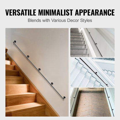 Pipe Stair Handrail, 3.96m Staircase Handrail, 200KG Load Capacity Carbon Steel Pipe Handrail, Industrial Pipe Handrail with Wall Mount Support, Round Corner Wall Handrailing for Indoor, Outdoor