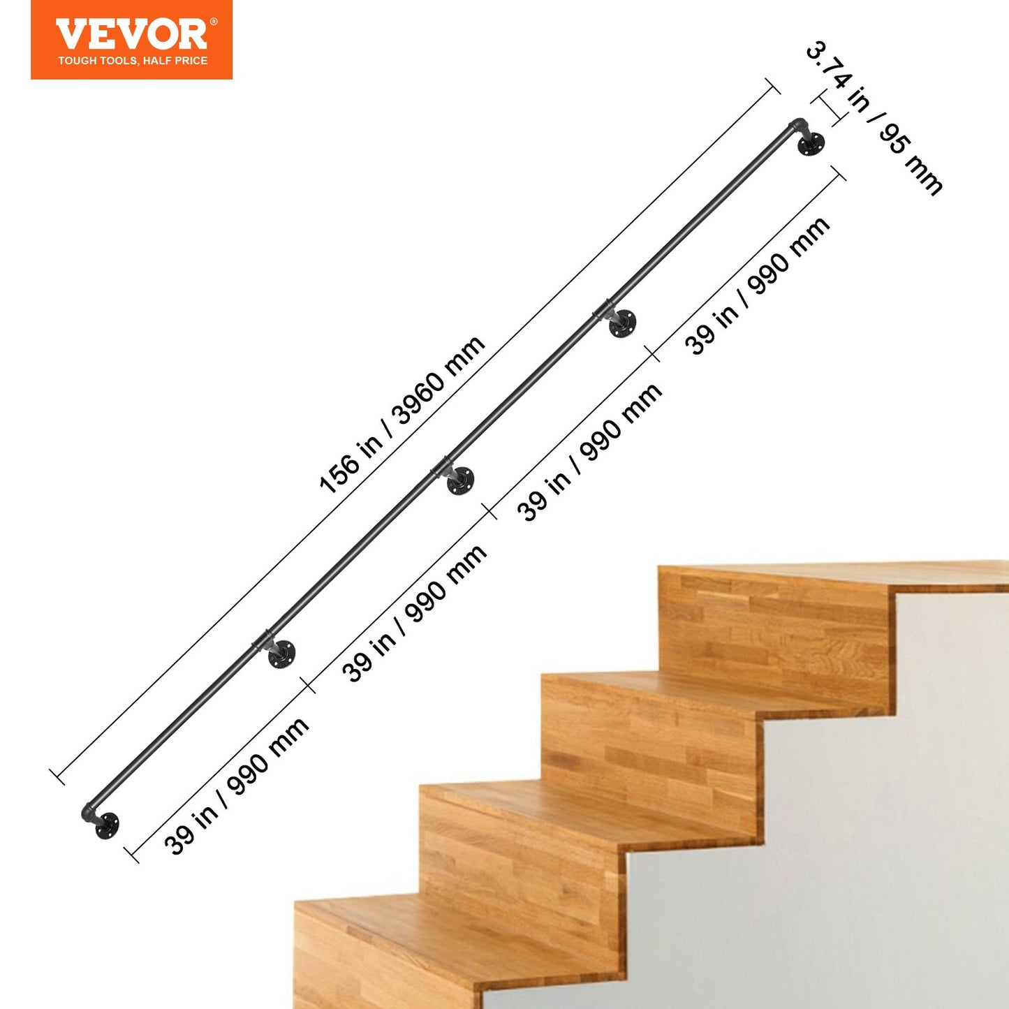 Pipe Stair Handrail, 3.96m Staircase Handrail, 200KG Load Capacity Carbon Steel Pipe Handrail, Industrial Pipe Handrail with Wall Mount Support, Round Corner Wall Handrailing for Indoor, Outdoor