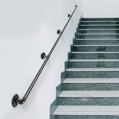 Pipe Stair Handrail, 3.96m Staircase Handrail, 200KG Load Capacity Carbon Steel Pipe Handrail, Industrial Pipe Handrail with Wall Mount Support, Round Corner Wall Handrailing for Indoor, Outdoor