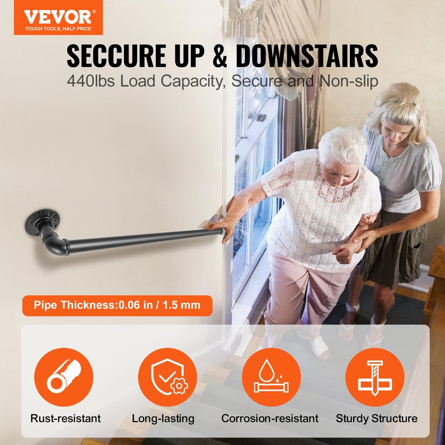 Pipe Stair Handrail, 0.6m Staircase Handrail, 200KG Load Capacity Carbon Steel Pipe Handrail, Industrial Pipe Handrail with Wall Mount Support, Round Corner Wall Handrailings for Indoor, Outdoor
