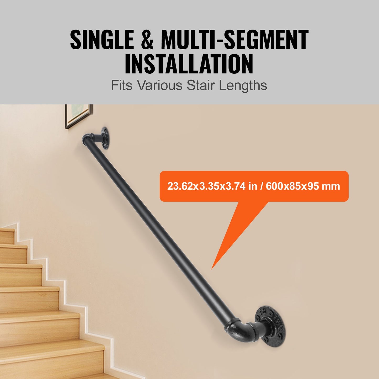 Pipe Stair Handrail, 0.6m Staircase Handrail, 200KG Load Capacity Carbon Steel Pipe Handrail, Industrial Pipe Handrail with Wall Mount Support, Round Corner Wall Handrailings for Indoor, Outdoor