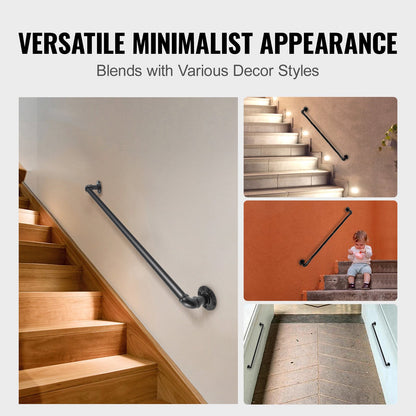 Pipe Stair Handrail, 0.6m Staircase Handrail, 200KG Load Capacity Carbon Steel Pipe Handrail, Industrial Pipe Handrail with Wall Mount Support, Round Corner Wall Handrailings for Indoor, Outdoor
