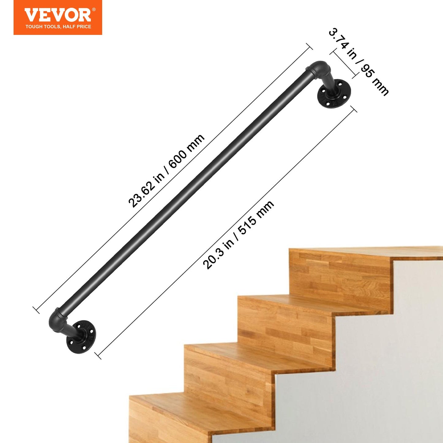 Pipe Stair Handrail, 0.6m Staircase Handrail, 200KG Load Capacity Carbon Steel Pipe Handrail, Industrial Pipe Handrail with Wall Mount Support, Round Corner Wall Handrailings for Indoor, Outdoor