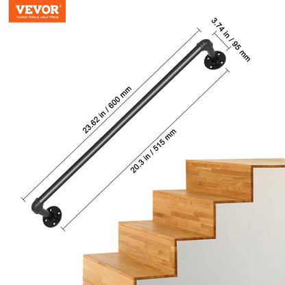 Pipe Stair Handrail, 0.6m Staircase Handrail, 200KG Load Capacity Carbon Steel Pipe Handrail, Industrial Pipe Handrail with Wall Mount Support, Round Corner Wall Handrailings for Indoor, Outdoor