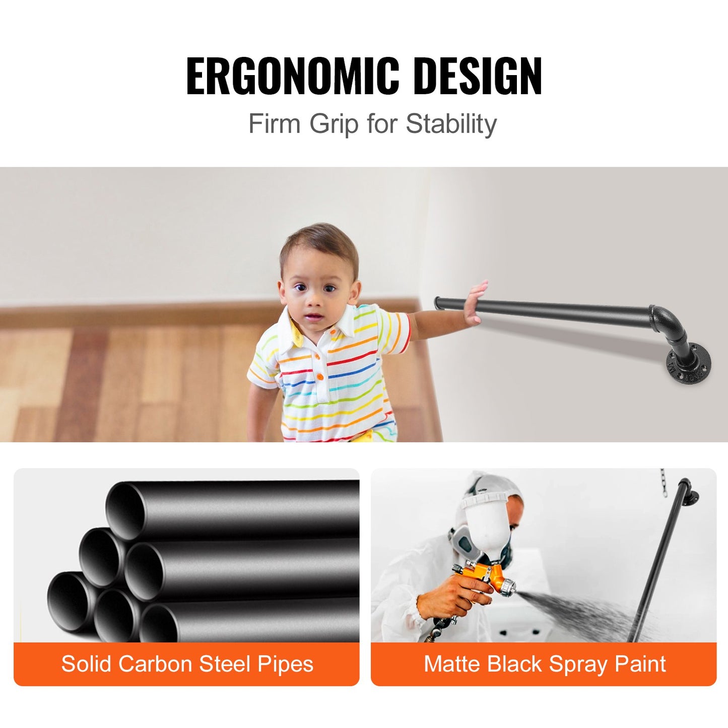 Pipe Stair Handrail, 0.9m Staircase Handrail, 200KG Load Capacity Carbon Steel Pipe Handrail, Industrial Pipe Handrail with Wall Mount Support, Round Corner Wall Handrailings for Indoor, Outdoor