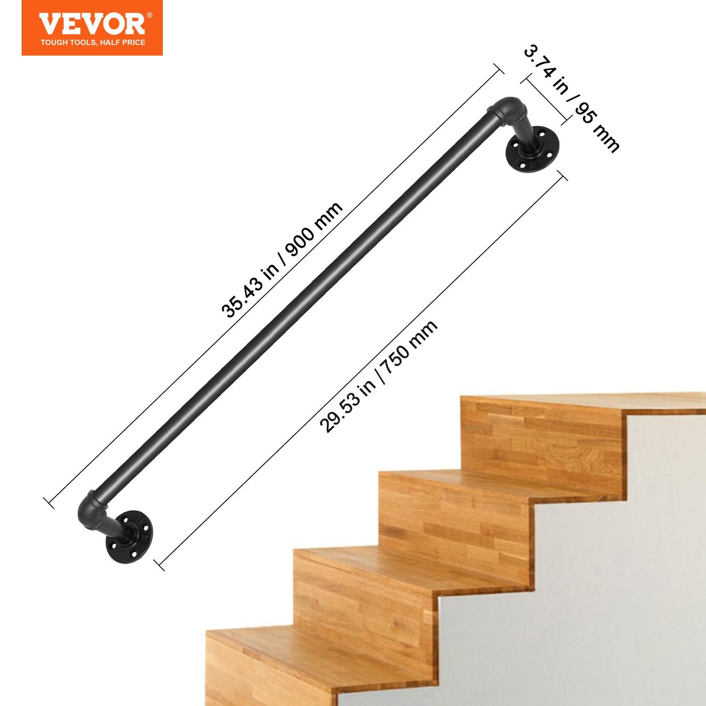 Pipe Stair Handrail, 0.9m Staircase Handrail, 200KG Load Capacity Carbon Steel Pipe Handrail, Industrial Pipe Handrail with Wall Mount Support, Round Corner Wall Handrailings for Indoor, Outdoor