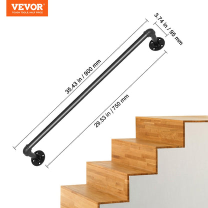 Pipe Stair Handrail, 0.9m Staircase Handrail, 200KG Load Capacity Carbon Steel Pipe Handrail, Industrial Pipe Handrail with Wall Mount Support, Round Corner Wall Handrailings for Indoor, Outdoor