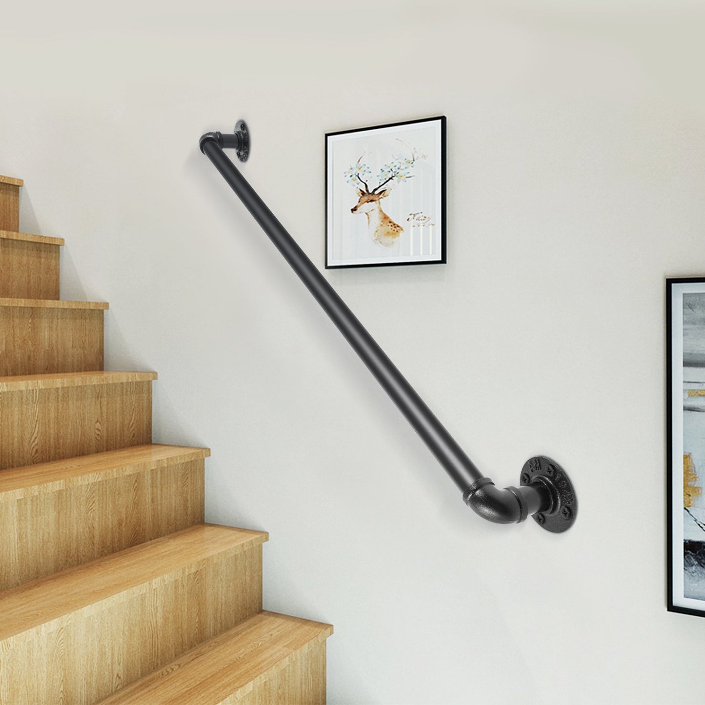 Pipe Stair Handrail, 0.9m Staircase Handrail, 200KG Load Capacity Carbon Steel Pipe Handrail, Industrial Pipe Handrail with Wall Mount Support, Round Corner Wall Handrailings for Indoor, Outdoor