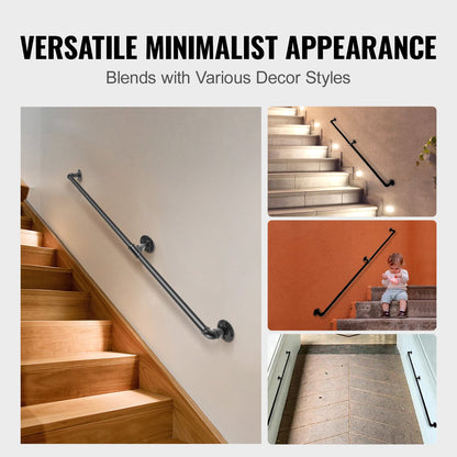 Pipe Stair Handrail, 1.8m Staircase Handrail, 200KG Load Capacity Carbon Steel Pipe Handrail, Industrial Pipe Handrail with Wall Mount Support, Round Corner Wall Handrailings for Indoor, Outdoor