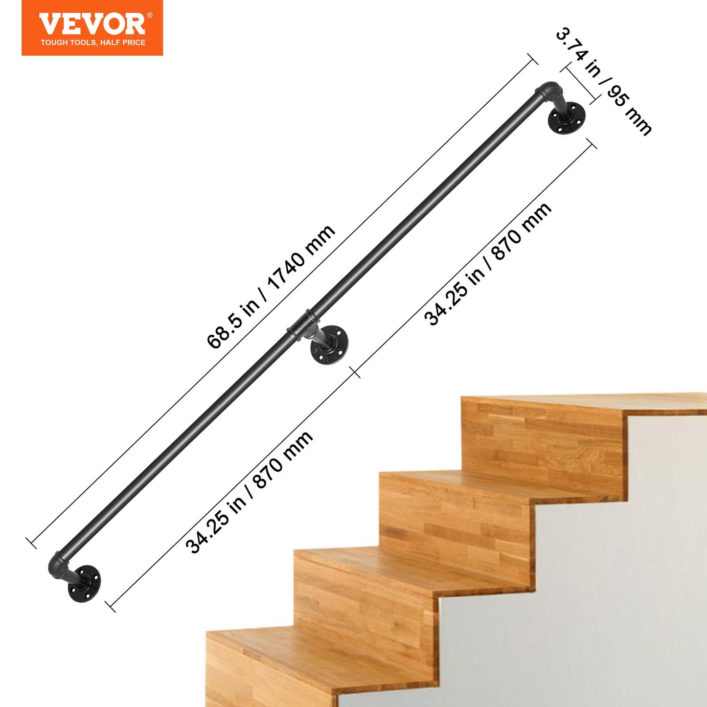 Pipe Stair Handrail, 1.8m Staircase Handrail, 200KG Load Capacity Carbon Steel Pipe Handrail, Industrial Pipe Handrail with Wall Mount Support, Round Corner Wall Handrailings for Indoor, Outdoor