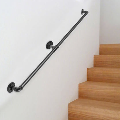 Pipe Stair Handrail, 1.8m Staircase Handrail, 200KG Load Capacity Carbon Steel Pipe Handrail, Industrial Pipe Handrail with Wall Mount Support, Round Corner Wall Handrailings for Indoor, Outdoor