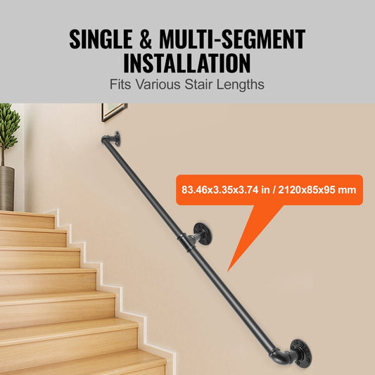 7FT Carbon Steel Stair Handrail, 200kg Capacity, Matte Black Finish