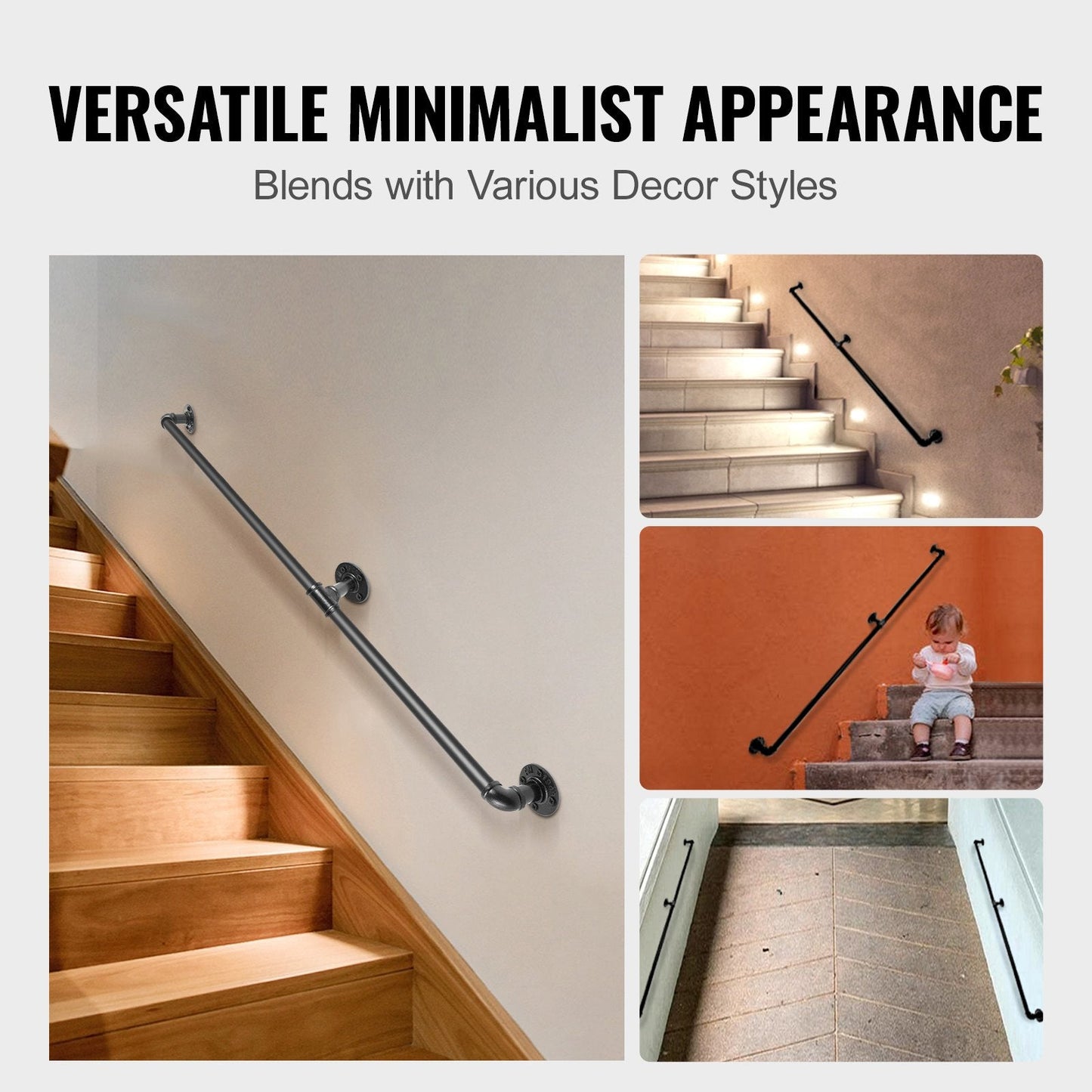 7FT Carbon Steel Stair Handrail, 200kg Capacity, Matte Black Finish