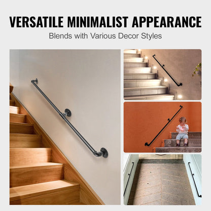 7FT Carbon Steel Stair Handrail, 200kg Capacity, Matte Black Finish