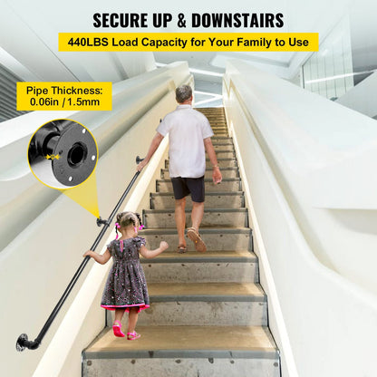 Industrial Carbon Steel Stair Handrail, 2.7m, 200kg Load Capacity, Black Finish