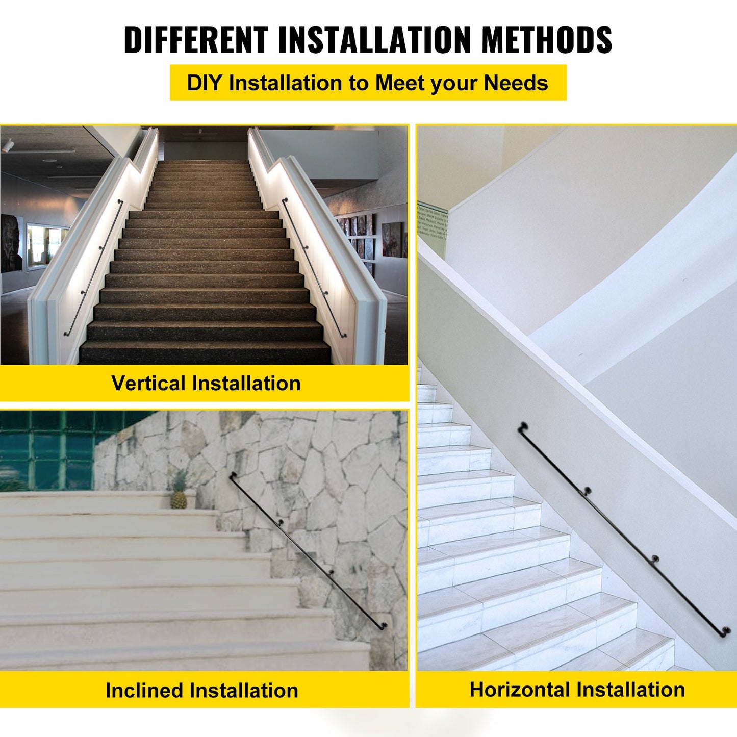 VEVOR Pipe Stair Handrail, 9FT Staircase Handrail, 440LBS Load Capacity Carbon Steel
