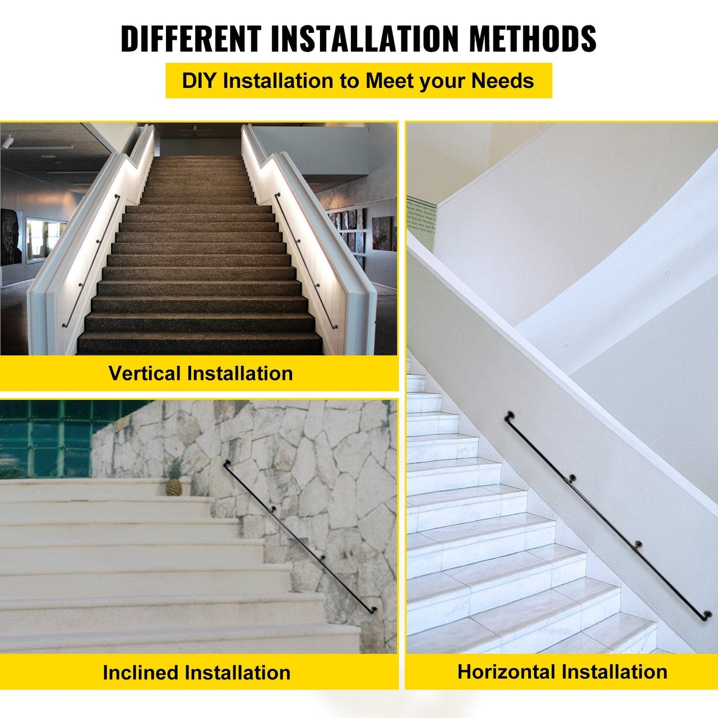 Industrial Carbon Steel Stair Handrail, 2.7m, 200kg Load Capacity, Black Finish
