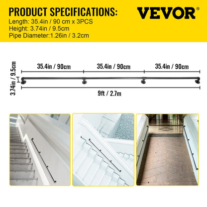 Industrial Carbon Steel Stair Handrail, 2.7m, 200kg Load Capacity, Black Finish