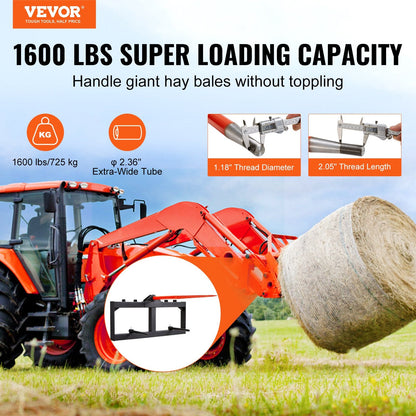 49" Hay Spear for Skid Steer Loader, 725kg Capacity with Stabilizers
