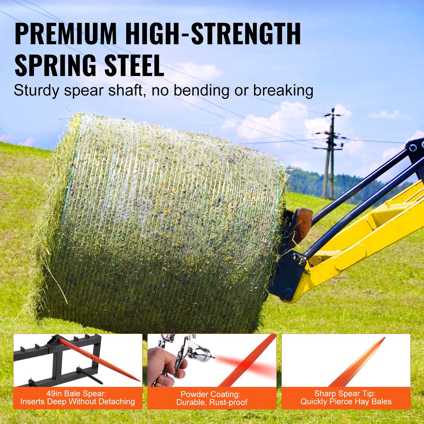 VEVOR 49" Hay Spear, Bale Spears 726kg Loading Capacity, Skid Steer Loader Tractor