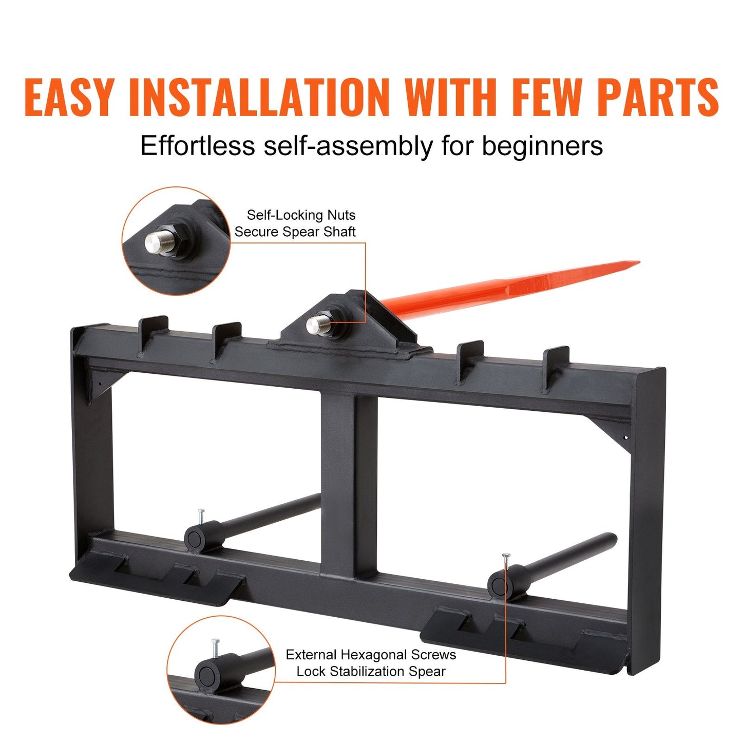 49" Hay Spear for Skid Steer Loader, 725kg Capacity with Stabilizers