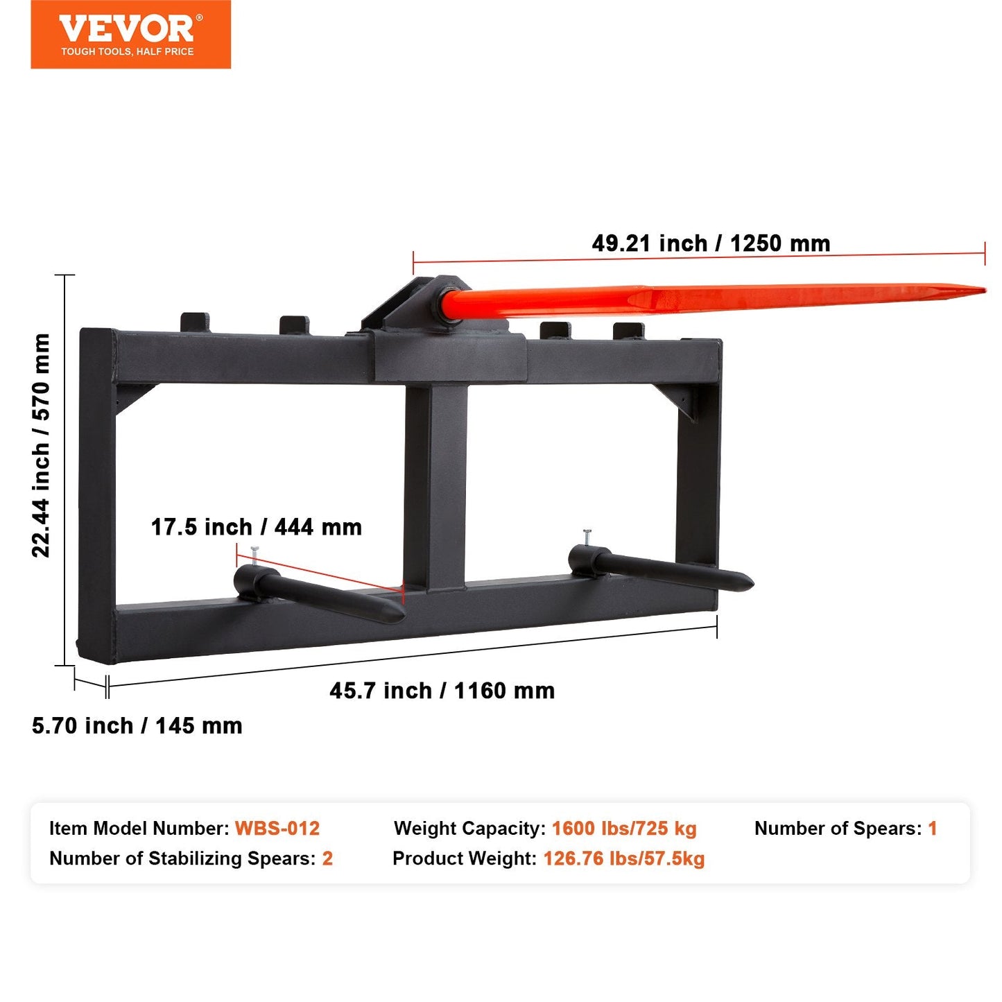 49" Hay Spear for Skid Steer Loader, 725kg Capacity with Stabilizers
