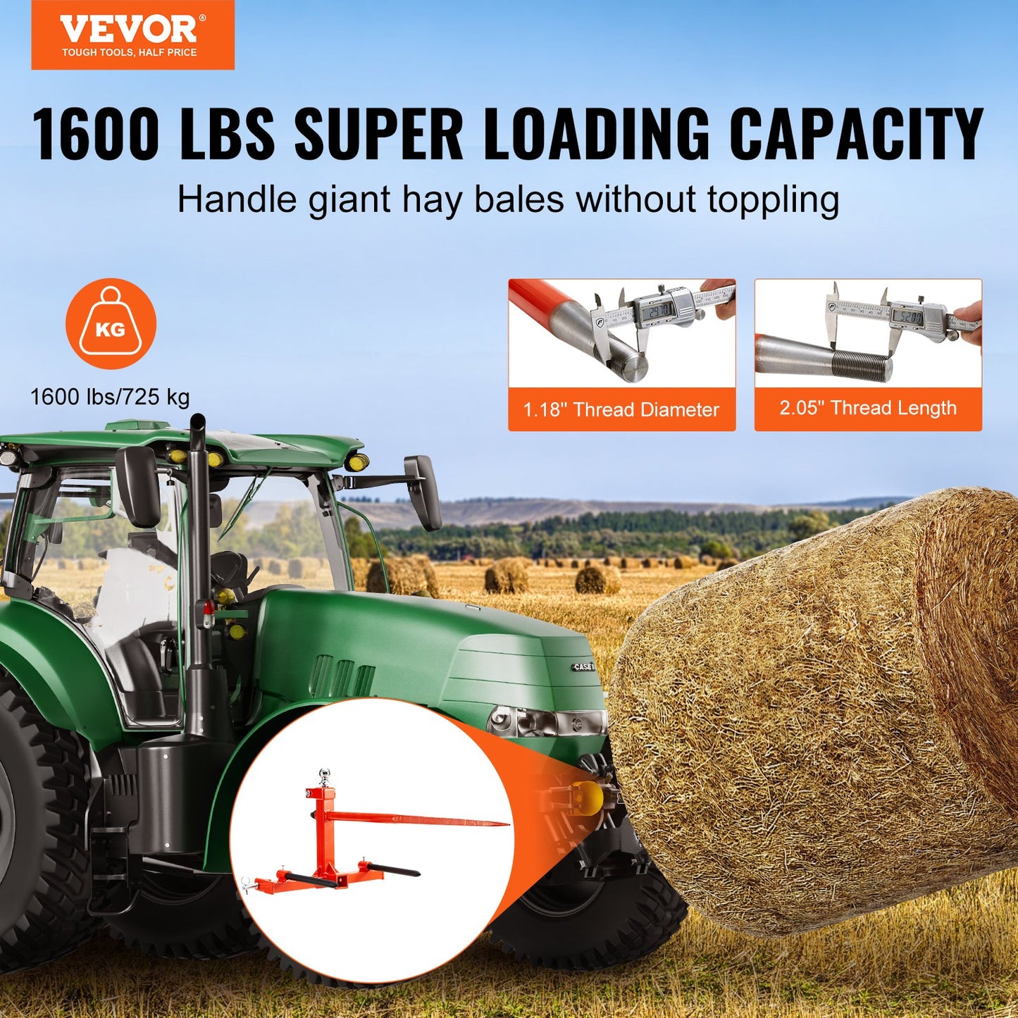 VEVOR 49" Hay Spear, Bale Spears 726kg Loading Capacity, Three-Point Hitch Tractor