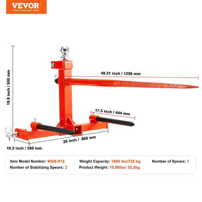 49" Hay Bale Spear, 726kg Capacity, Three-Point Hitch Tractor Attachment