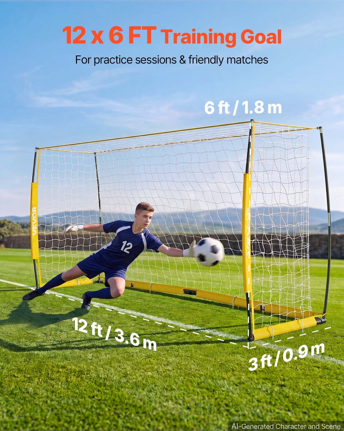 Soccer Goal 3.6 x 1.8 m Soccer Net for Backyard Collapsible Base Yellow, Portable & Quick Setup, with Metal Base, Carry Bag, Ground Stakes, for Youth & Adults Outdoor Backyard Practice Training