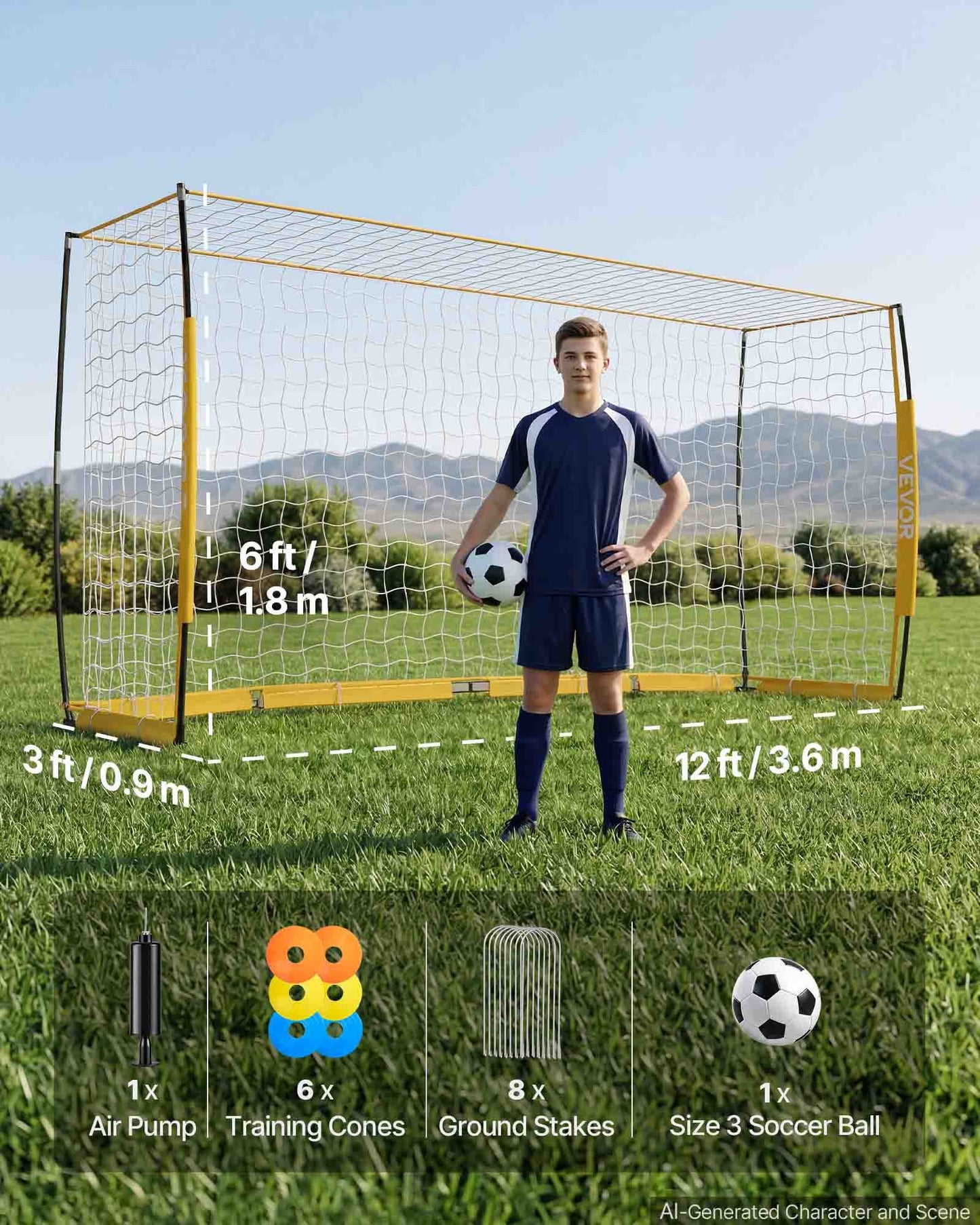 Soccer Goal 3.6 x 1.8 m Soccer Net for Backyard Collapsible Base Yellow, Portable & Quick Setup, with Metal Base, Carry Bag, Ground Stakes, for Youth & Adults Outdoor Backyard Practice Training