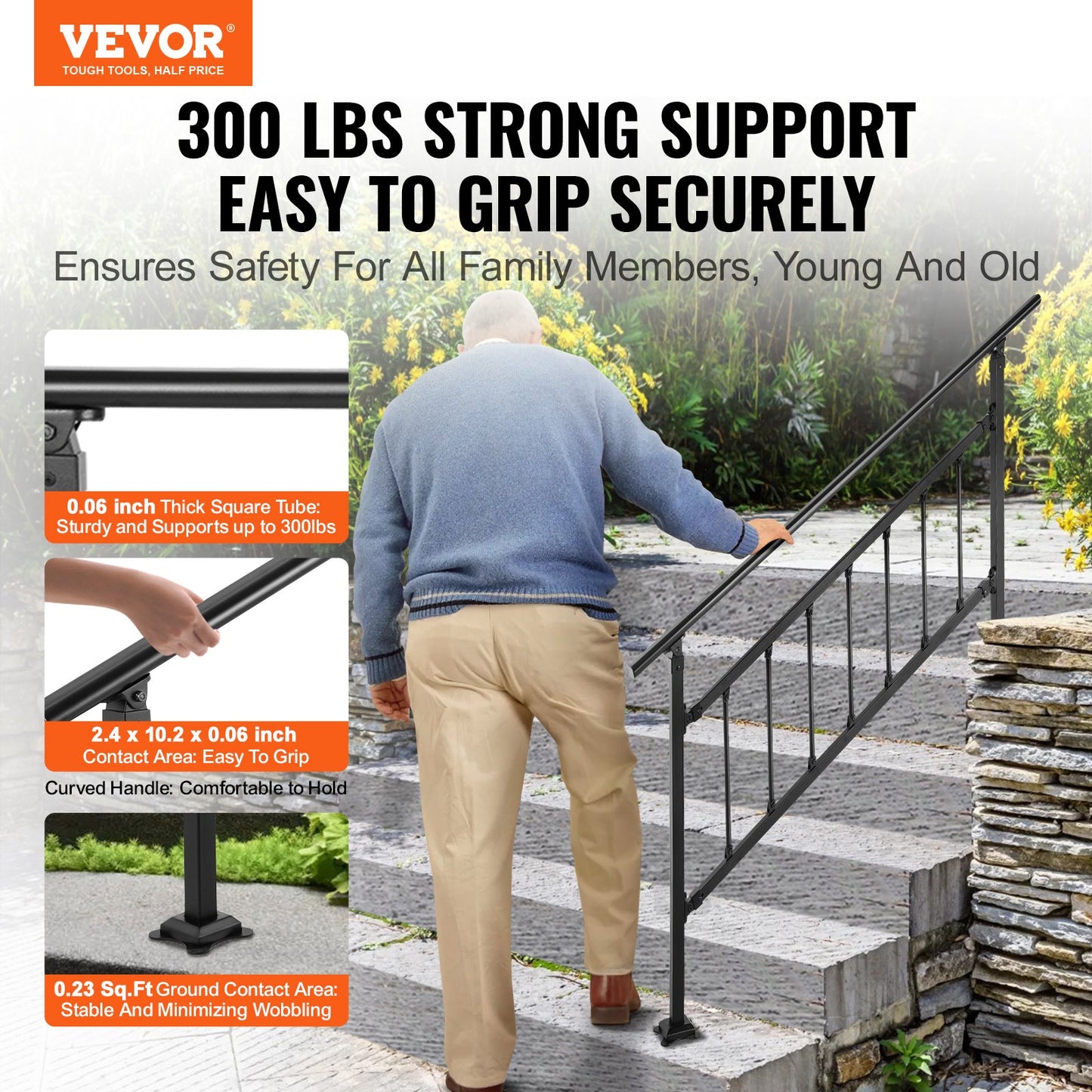 VEVOR Outdoor Stair Railing, Fits for 1-4 Steps Transitional Wrought Iron Handrail,