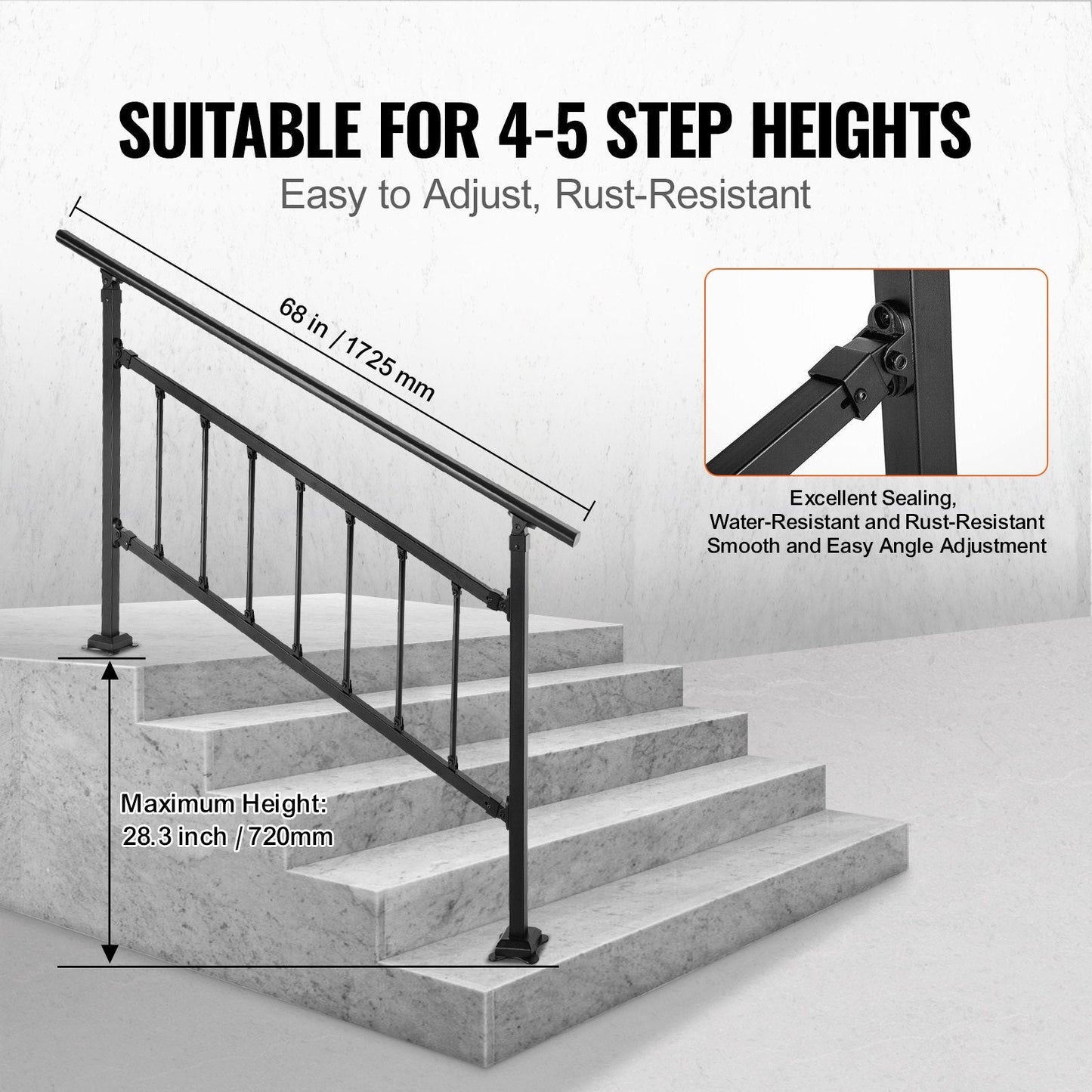 Adjustable Wrought Iron Handrail for 0-5 Steps, Matte Black, Easy Install