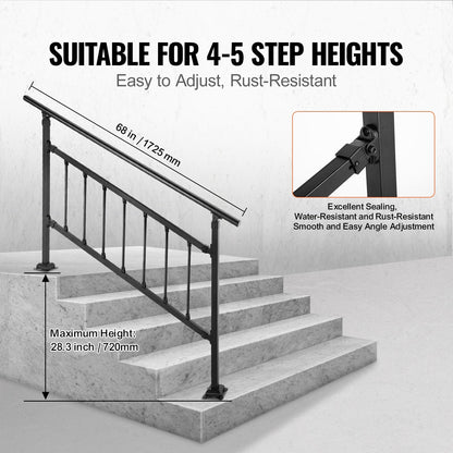 Adjustable Wrought Iron Handrail for 0-5 Steps, Matte Black, Easy Install