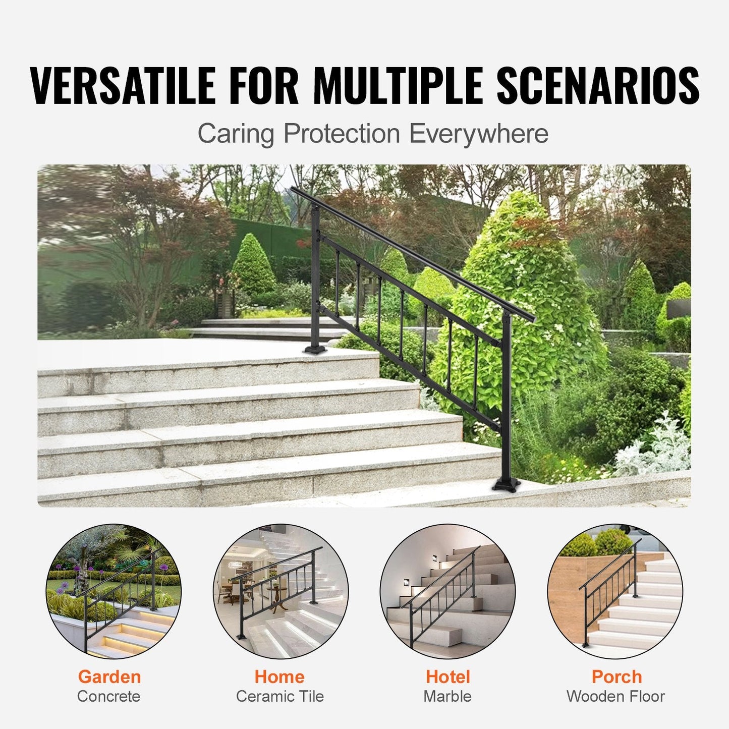 Adjustable Wrought Iron Handrail for 0-5 Steps, Matte Black, Easy Install