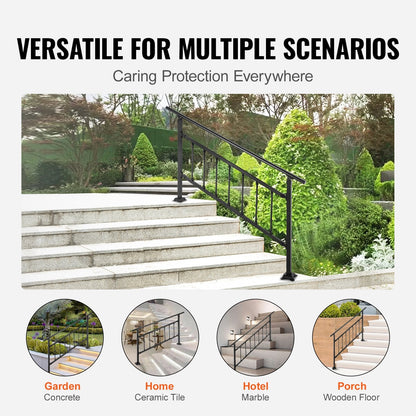Adjustable Wrought Iron Handrail for 0-5 Steps, Matte Black, Easy Install