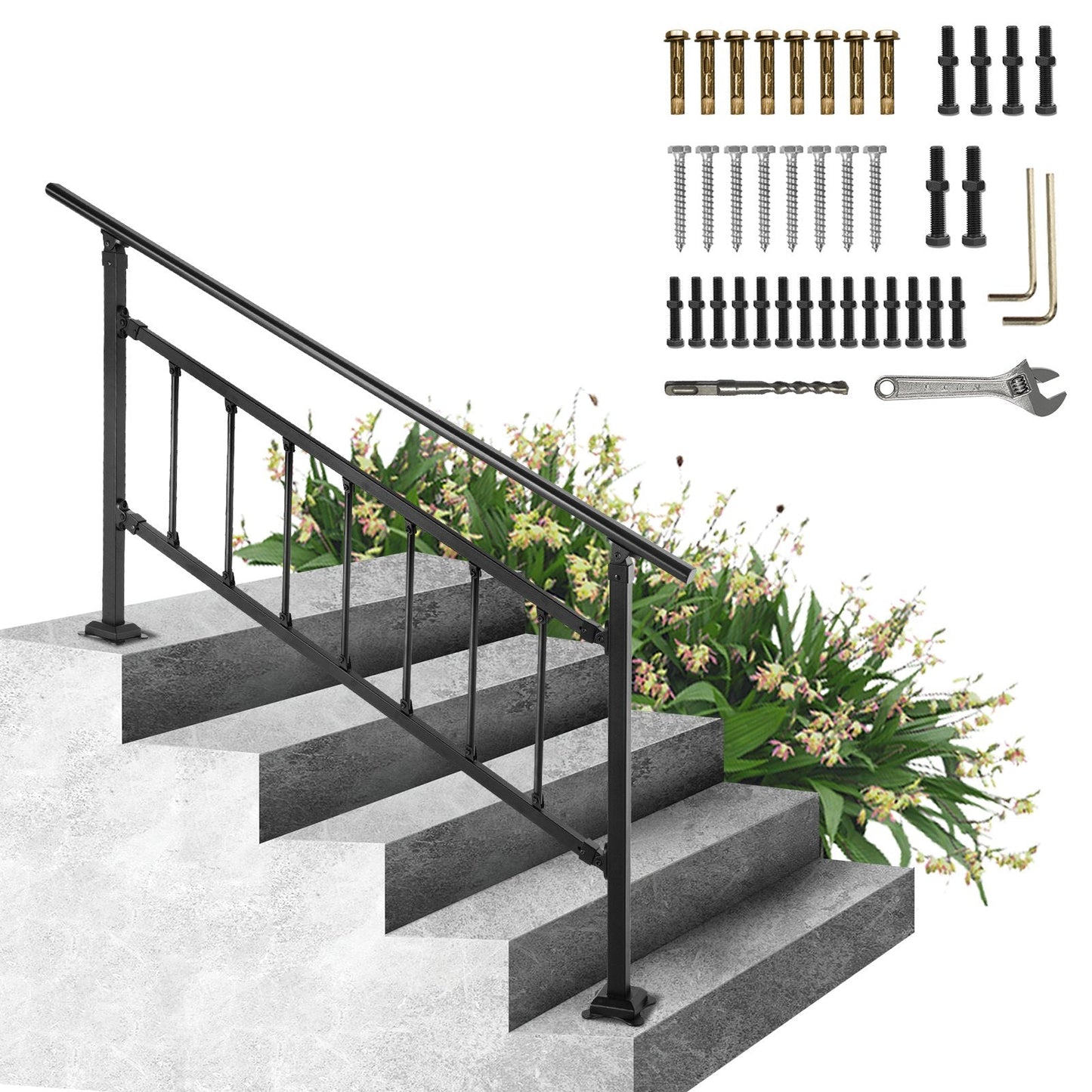 Adjustable Wrought Iron Handrail for 0-5 Steps, Matte Black, Easy Install