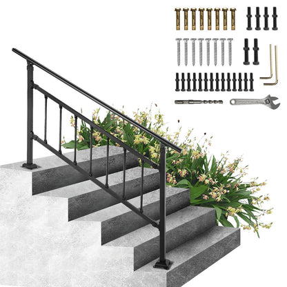 Adjustable Wrought Iron Handrail for 0-5 Steps, Matte Black, Easy Install
