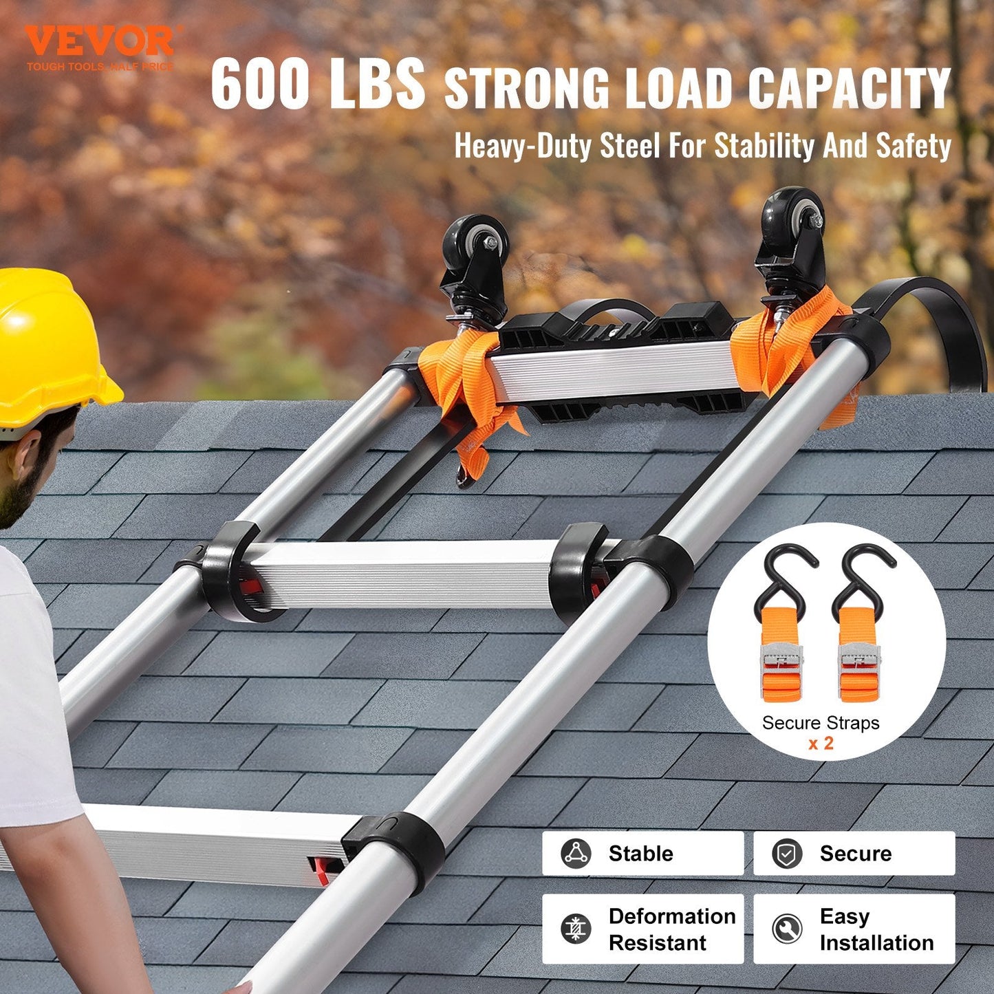 Roof Ladder Hook Stabilizer 2-Pack with Wheels & Swivel Bar, Carbon Steel