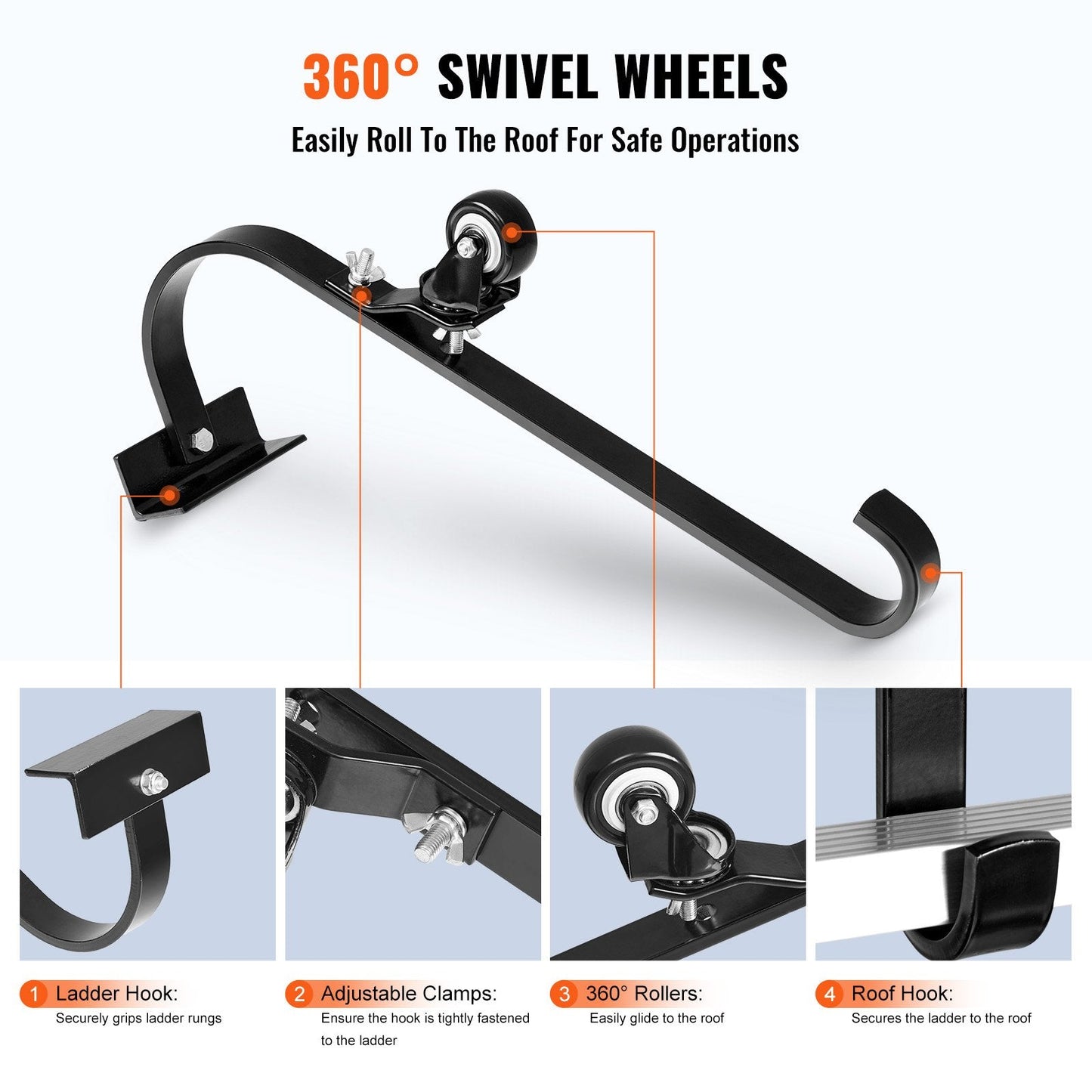 Roof Ladder Hook Stabilizer 2-Pack with Wheels & Swivel Bar, Carbon Steel