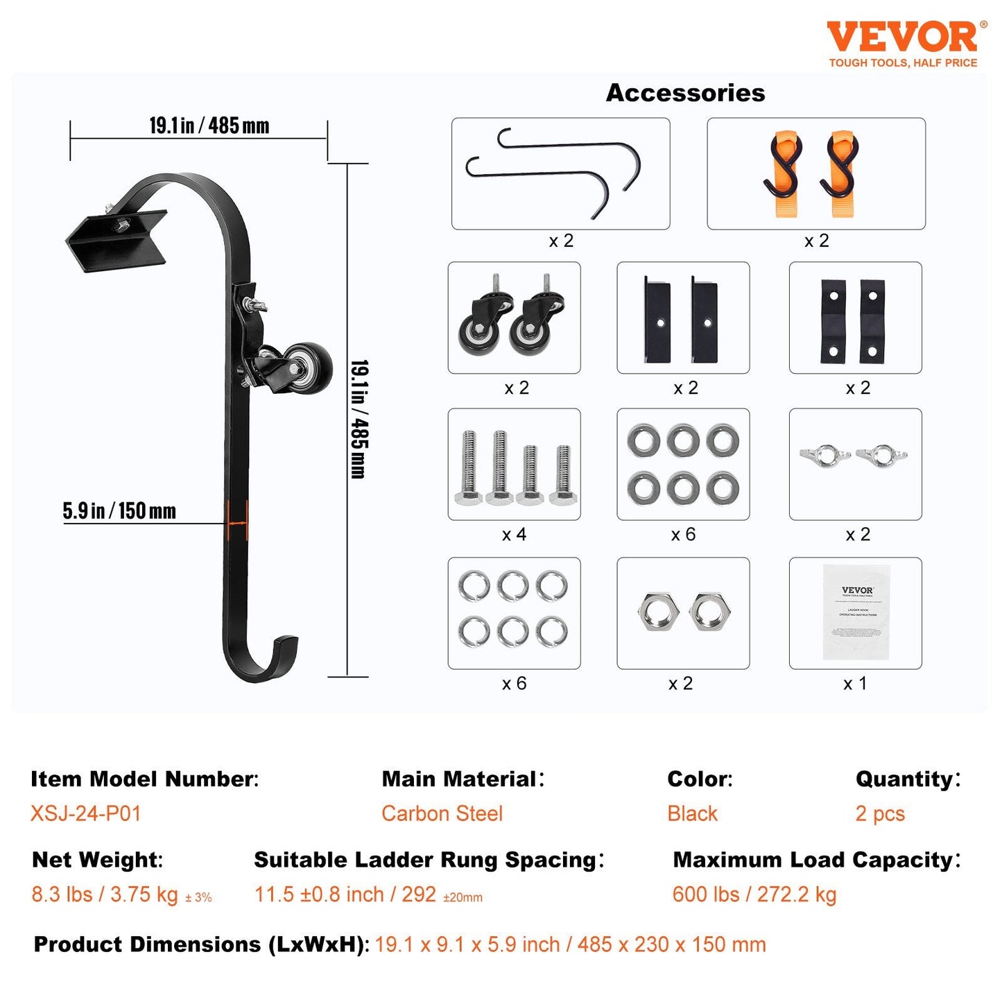 Roof Ladder Hook Stabilizer 2-Pack with Wheels & Swivel Bar, Carbon Steel