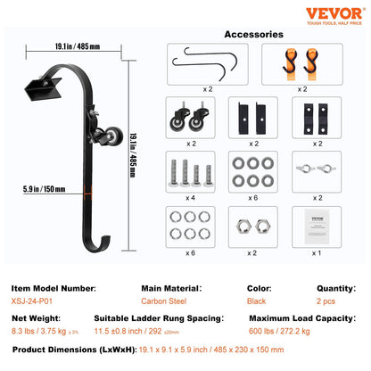 Roof Ladder Hook Stabilizer 2-Pack with Wheels & Swivel Bar, Carbon Steel