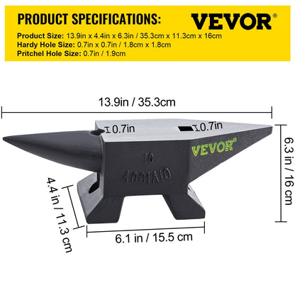 Steel Blacksmith Anvil with Round Horn, 10 kg, 2 Holes for Metalworking