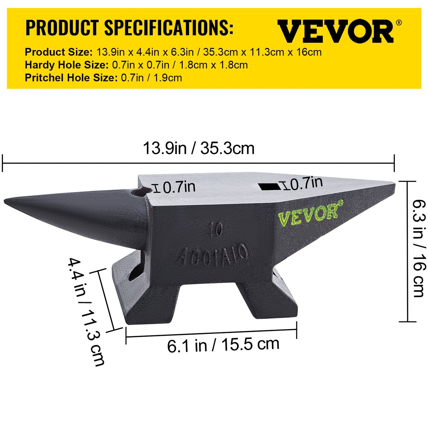 VEVOR Blacksmith Anvil Steel Round Horn Anvil 22lb 10kg 2 Holes for Metal Work