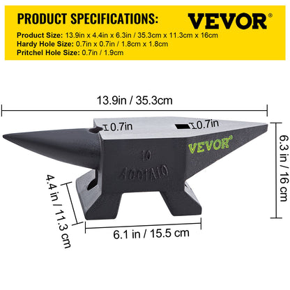 VEVOR Blacksmith Anvil Steel Round Horn Anvil 22lb 10kg 2 Holes for Metal Work
