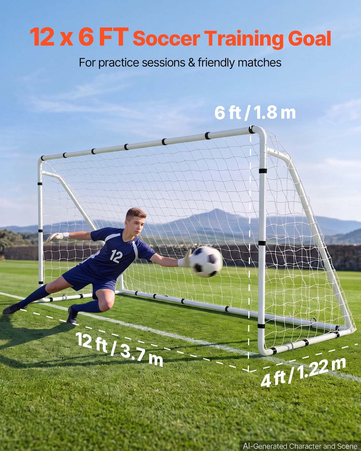 Soccer Goal 3.66 x 1.83 m Soccer Goal for Backyard with Iron Frame PE Net, Portable & Durable Set, High-Strength Net, Ground Stakes, Straps, for Youth & Adults Outdoor Backyard Practice Training