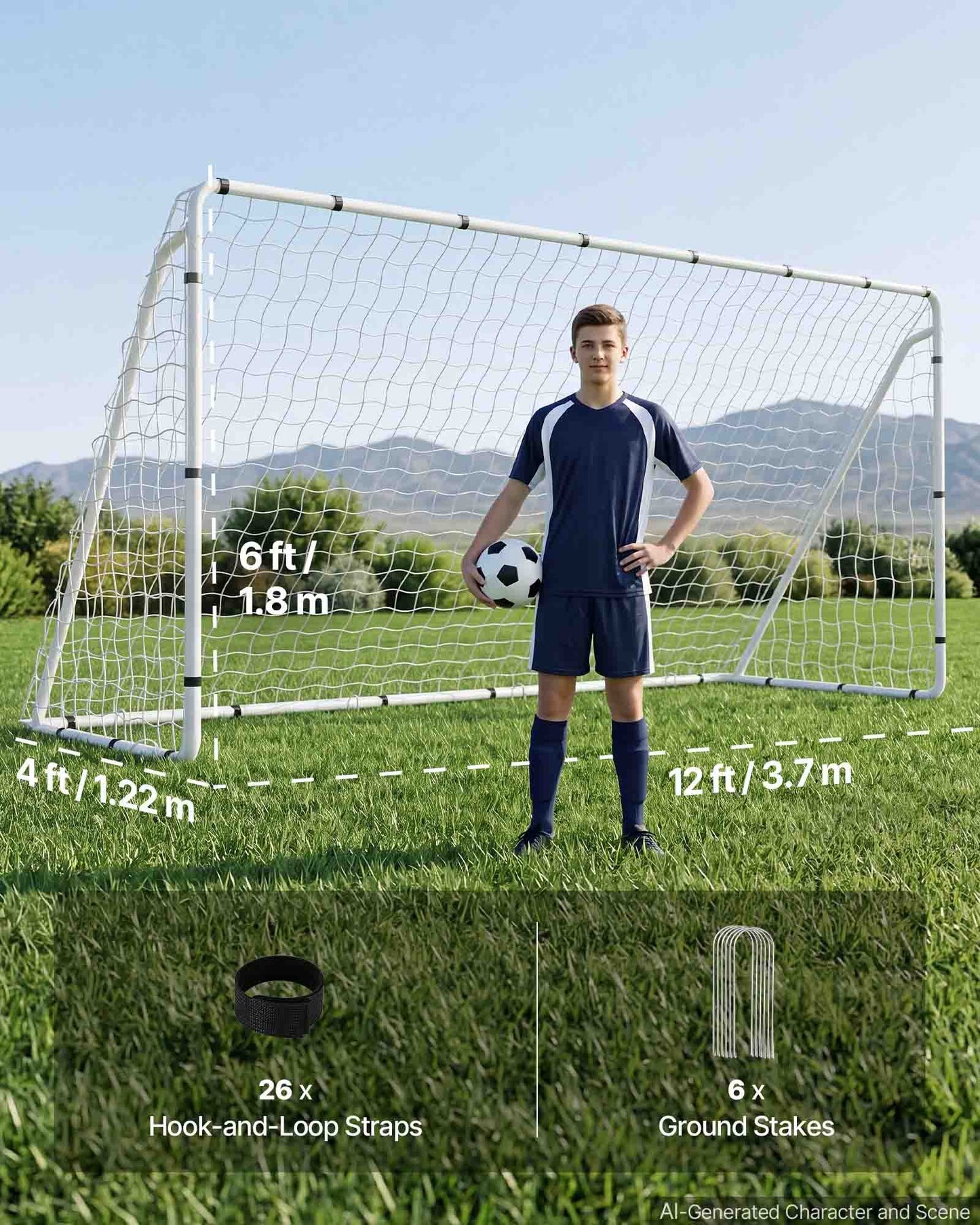 Soccer Goal 3.66 x 1.83 m Soccer Goal for Backyard with Iron Frame PE Net, Portable & Durable Set, High-Strength Net, Ground Stakes, Straps, for Youth & Adults Outdoor Backyard Practice Training