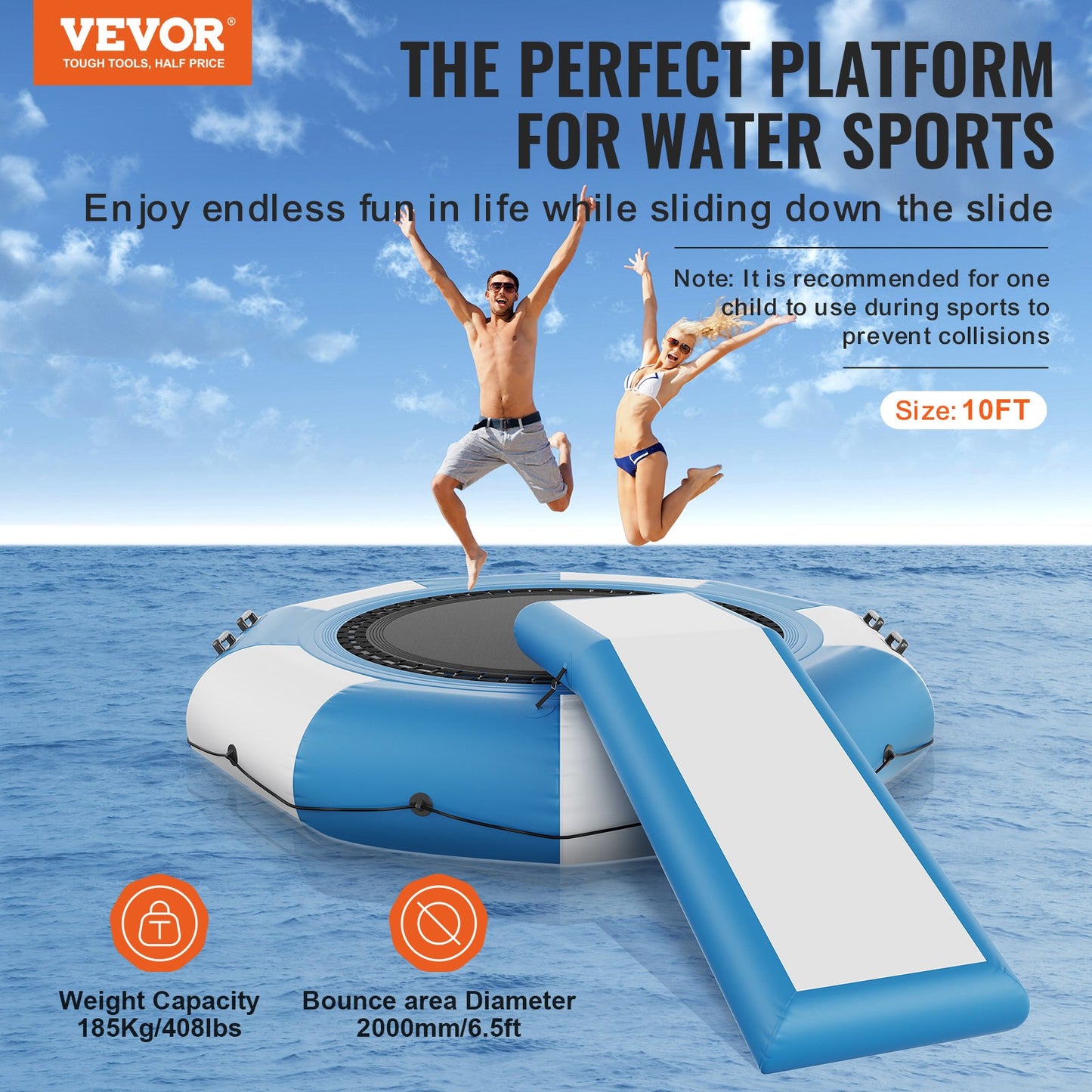 VEVOR Inflatable Water Bouncer, 10ft Recreational Water Trampoline, Portable Bounce