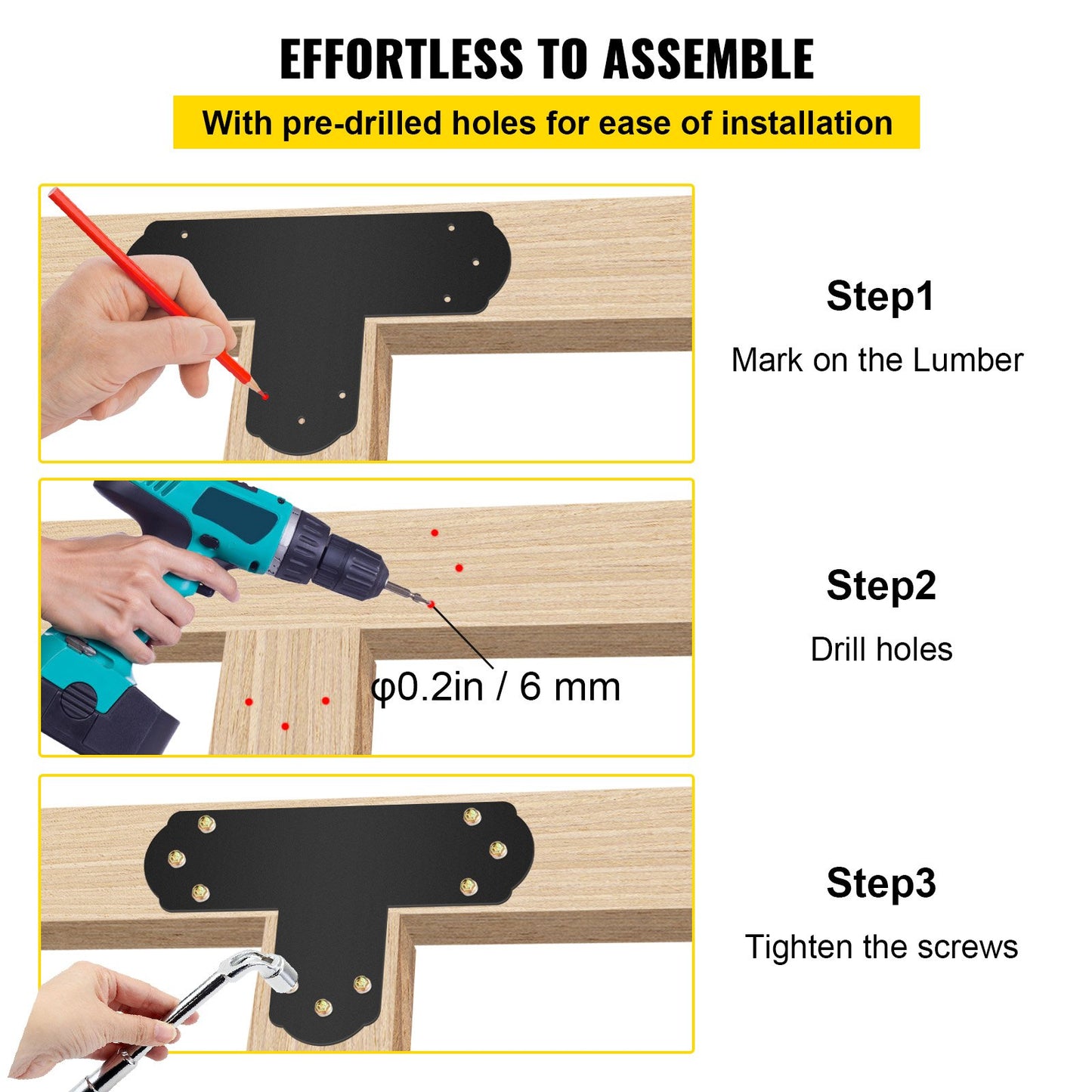 VEVOR Black T Mending Plate T-shape 8 PCs 6" Flat Connector Post to Beam Bracket
