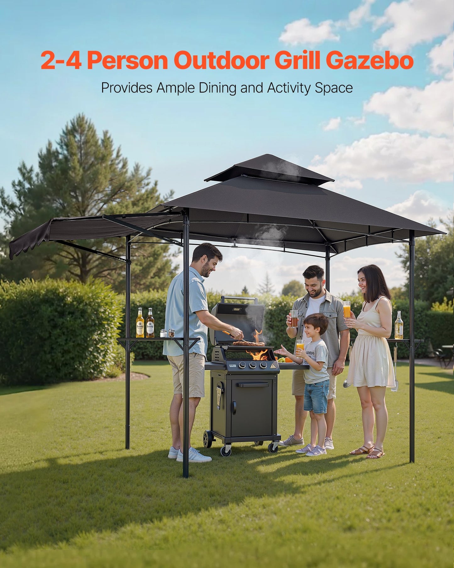 Grill Gazebo, 2.43 x 1.5 m Double-Tiered Top, BBQ Gazebo with Extra Awning, Powder-Coated Steel Patio Grill Shelter with 2 Side Shelves, Bottle Opener & Hooks, Outdoor Grilling Canopy for Garden